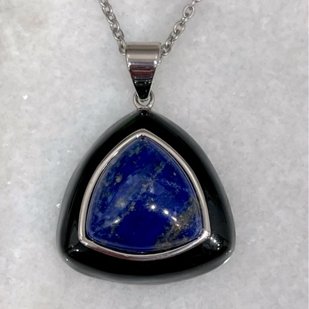 Lapis Lazuli Trillion Enameled Silver Pendant 20” Necklace